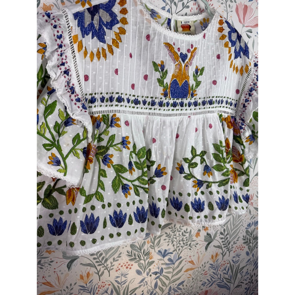 Farm Rio Summer Garden Blouse White Floral Embroidered Flowy Top Women’s XS Boho - Picture 7 of 13